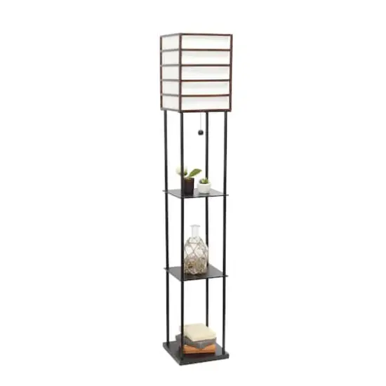 Lalia Home Metal Floor Lamp with Storage Shelves and Linen Shade Black Shelves and Brown Wood {5}