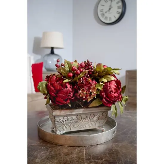 18" Red Peony & Hydrangea Arrangement in Decorative Planter {7}