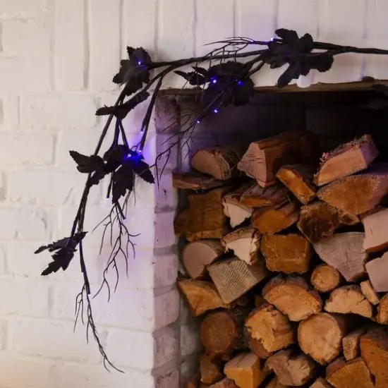6.5ft. Pre-Lit Artificial Halloween Black Maple Garland with 48 Orange & Purple LED Lights {10}