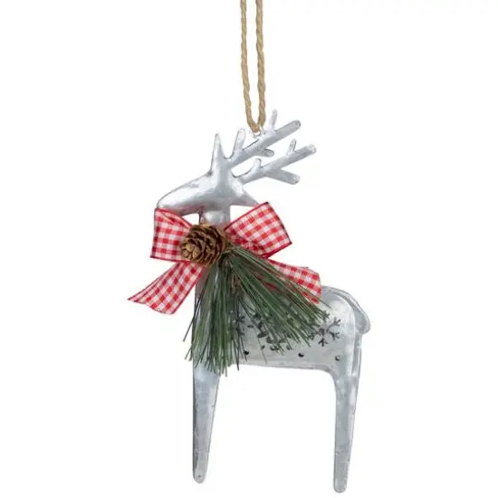 6.25" Silver Metal Reindeer Christmas Ornament With Red Gingham Bowtie & Pine {7}