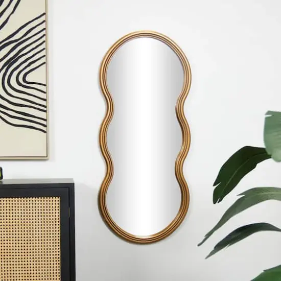 47" Gold Wooden Wavy-Shaped Wall Mirror with Ribbed Frame {3}