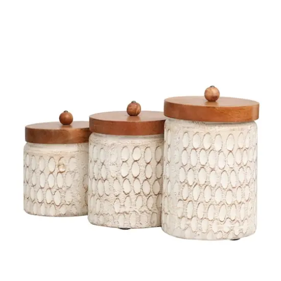 Cream Paper Mache Handmade Carved Spotted Geometric Canisters with Removable Lids Set {4}