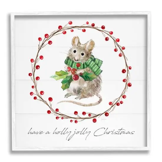Stupell Industries Holly Jolly Christmas Mouse Framed Giclee Art White {1}