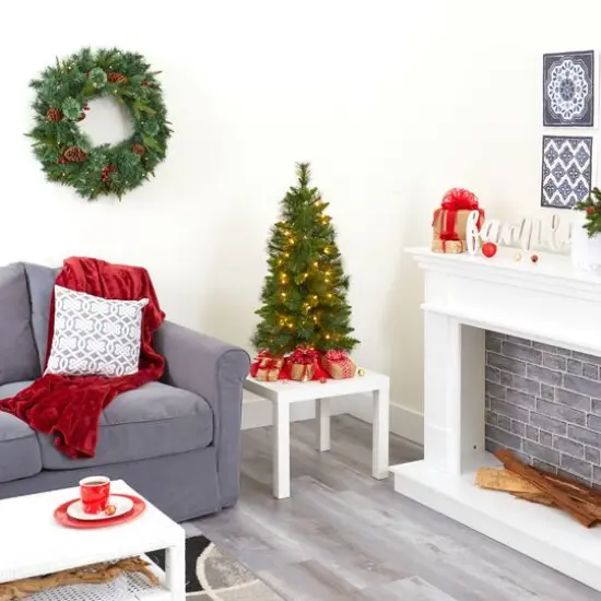 3ft. Pre-Lit New Haven Pine Artificial Christmas Tree, Warm White LED Lights {10}