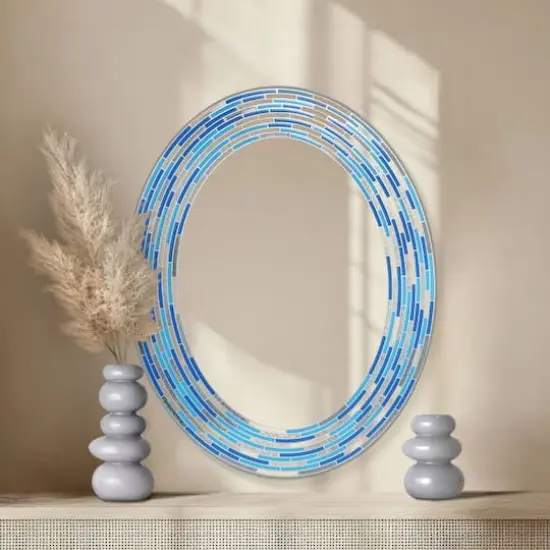 Head West Aqua/Blue3 Tile Framed Oval Wall Vanity Mirror - 23" x 29" {3}