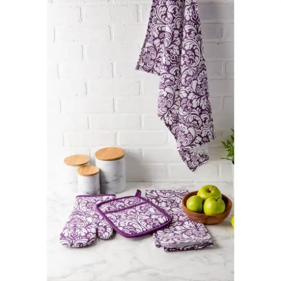 DII&reg; Damask Oven Mitt & Potholder Set Eggplant {6}