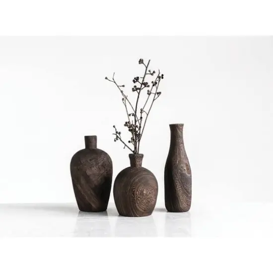 Hello Honey&reg; Brown Paulownia Wood Vase with Black Charred Finish Set {4}