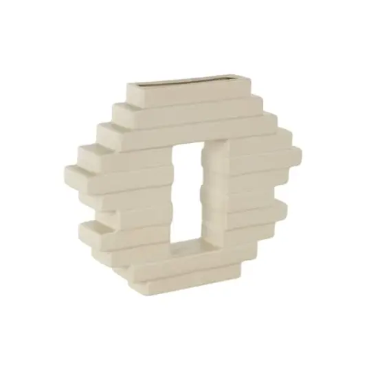 12" Cream Ceramic Abstract Decorative Vase with Rectangular Center Cutout {3}
