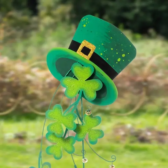 Glitzhome&reg; 42" St. Patrick's Metal Leprechaun Hat Shamrocks Yard Stake {5}