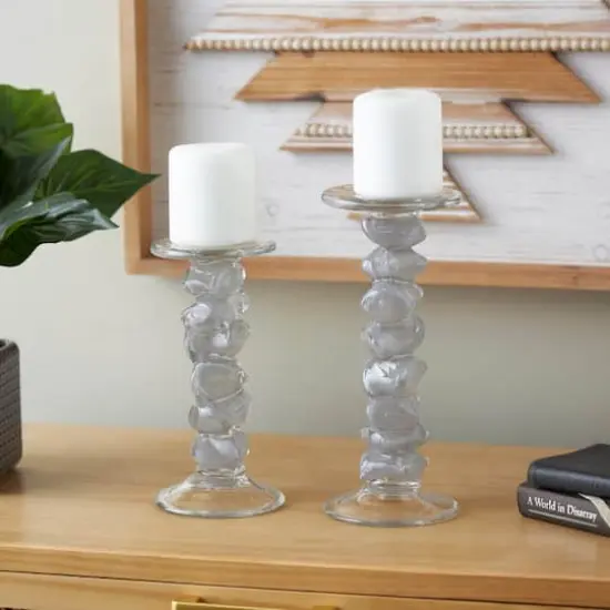 Clear Glass Stacked Stone Candle Holder Set {3}