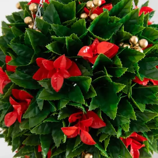 15in. UV Resistant Artificial Red Tip Photinia Christmas Hanging Ball with Gold Berries (Indoor/Outdoor) {4}