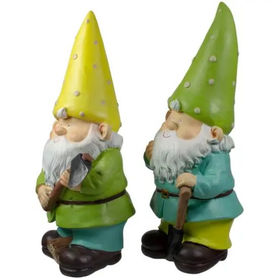 12.25" Green & Yellow Gnome Outdoor Garden Statue Set {7}