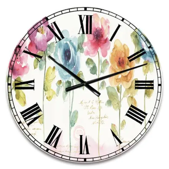 Designart 'Handpainted Rainbow Coloured Cottage Roses Traditional Wall Clock {1}
