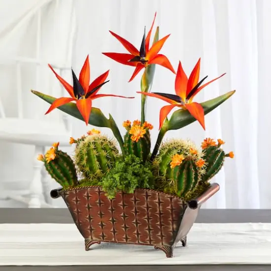 21" Bird of Paradise & Cactus Plant in Metal Planter {4}