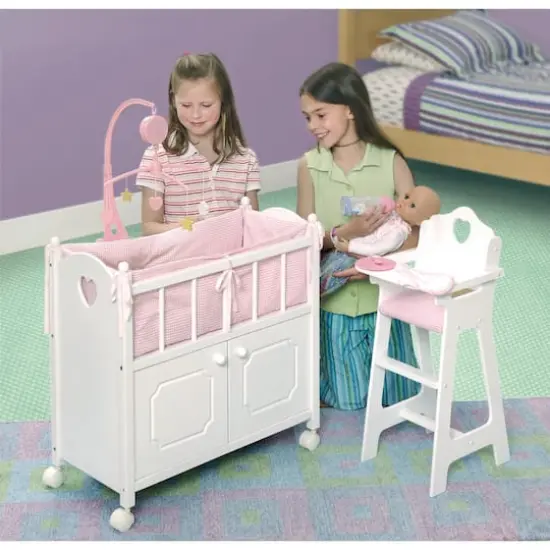 Badger Basket White & Pink Cabinet Doll Crib with Gingham Bedding {4}