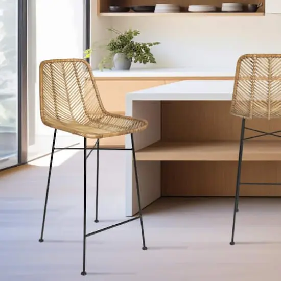 Hello Honey&reg; 40.5" Beige Rattan Bar Stool with Black Metal Frame {4}