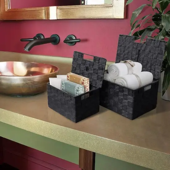 Sorbus 3-Piece Woven Basket with Lid Set Black {5}