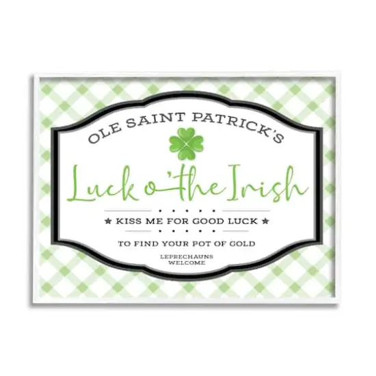 Stupell Industries Saint Patrick's Luck o'the Irish Sign Green Plaid Framed Giclee Art White {1}