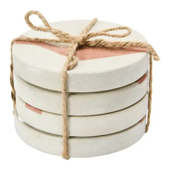 Hello Honey&reg; Off-White and Terracotta Round Sandstone Coaster Set with Abstract Design {7}