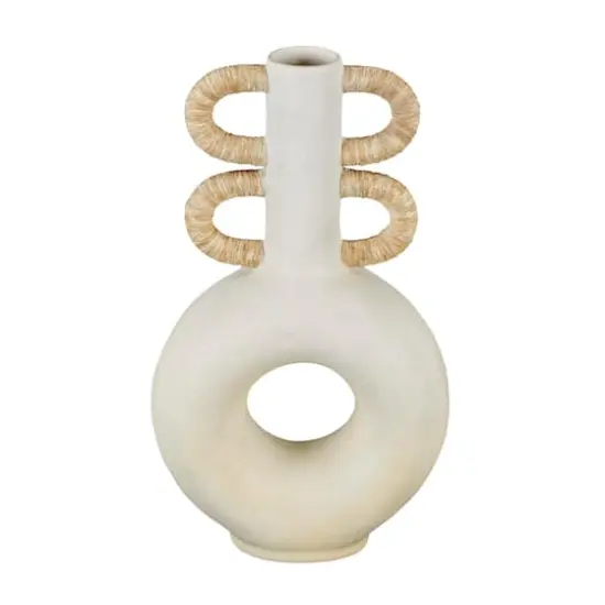 16" Cream Round Speckled Vase with Woven Inspired Arched Handles & Cutout Opening {1}