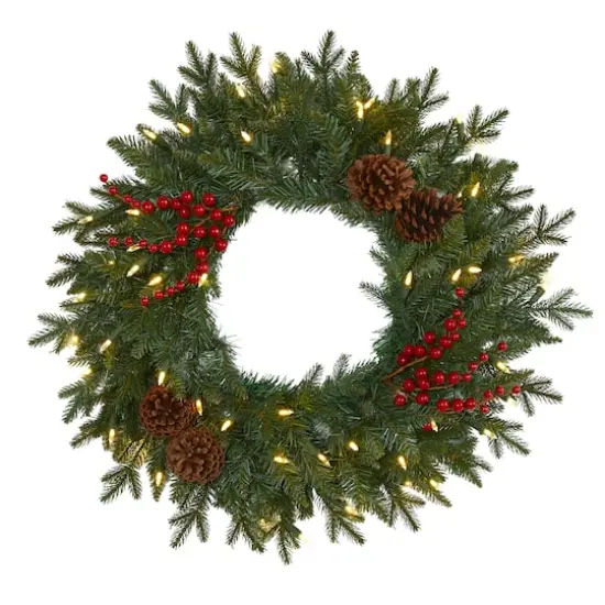 24" LED Green Pine Christmas Wreath with Berries & Pinecones {1}