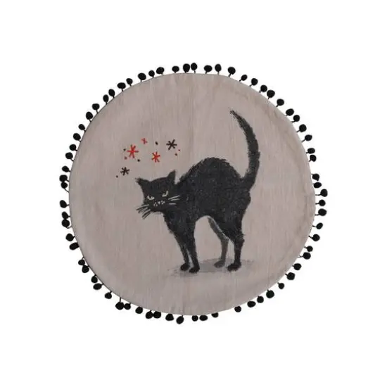 Hello Honey&reg; 16" White & Black Round Cotton Chambray Printed Pillow with Cat Design, Embroidery & Pom Pom Trim {1}
