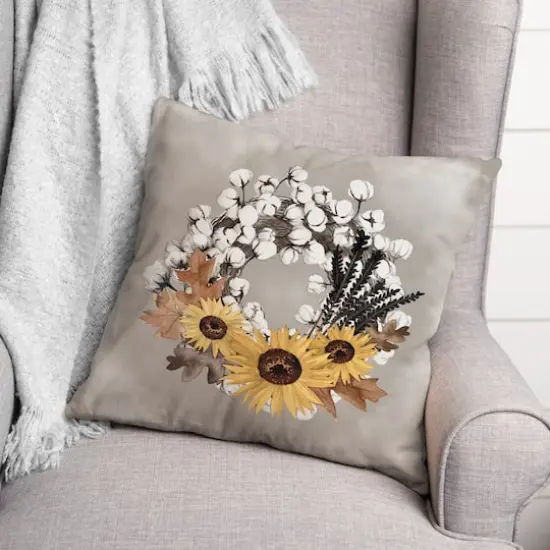 Multicolor Cotton Harvest Wreath Throw Pillow {3}