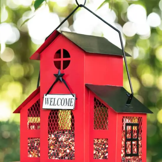 Glitzhome&reg; 12" Red Metal Barn Hanging Bird Feeder {7}