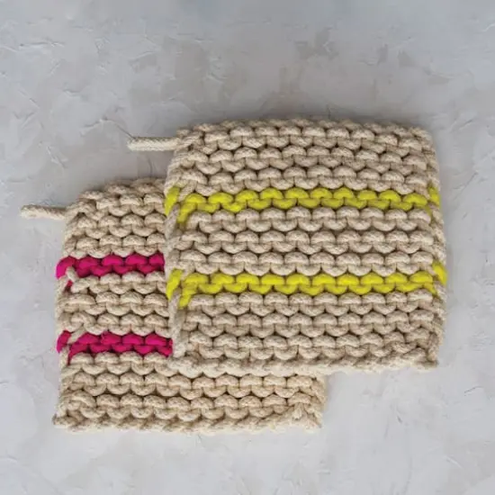 Hello Honey&reg; 8" Neon Striped Multicolor Square Cotton Crocheted Pot Holder Set {4}