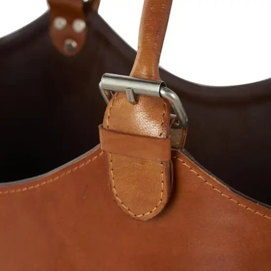 20" Brown Leather Handmade Box Style Single Slot Decorative Magazine Holder with Curved Buckle Handles {5}