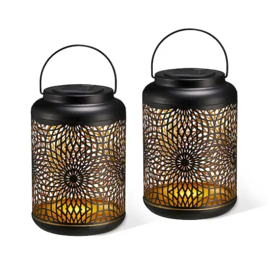 Glitzhome&reg; 8.75" Metal Cutout Solar Powered Hanging Lantern Set Black {1}