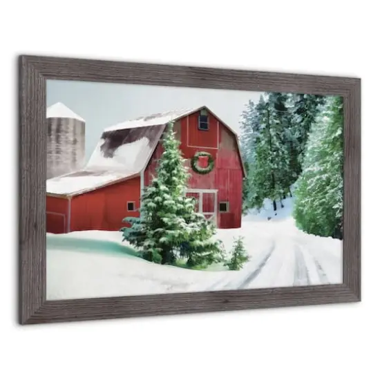 Designs Direct 30" x 20" Snowy Red Barn Western Gray Framed Print {3}
