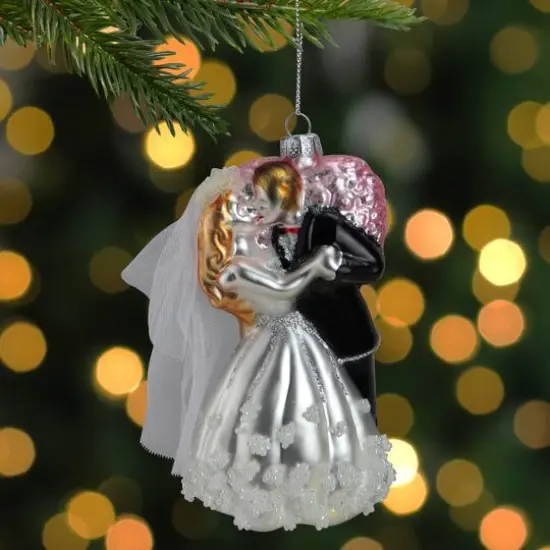 5.25" Bride and Groom Kissing Glass Wedding Christmas Ornament {3}