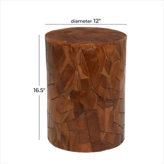 16.5" Round Block-Style Brown Teak Wood Mosaic Side Table {6}