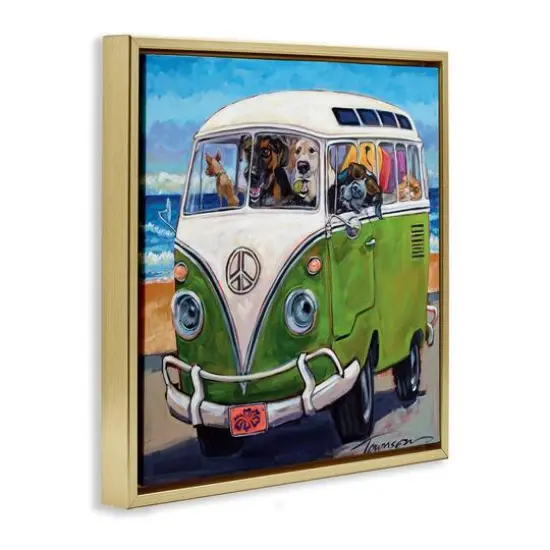 Stupell Industries Dogs Driving Retro Van Floater Framed Art Gold {4}