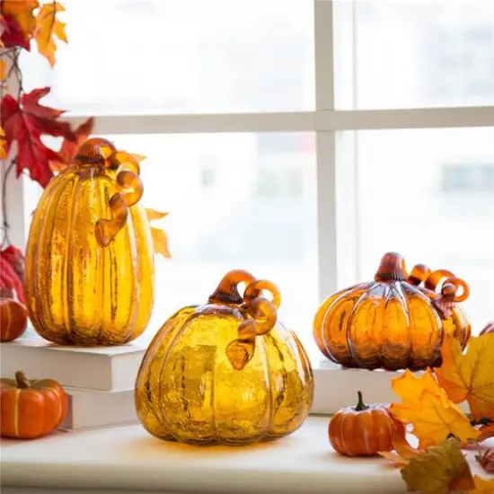 Glitzhome&reg; Crackle Glass Pumpkin, Amber {10}