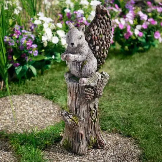 22.75" Squirrel on Tree Stump Outdoor Garden Statue {3}