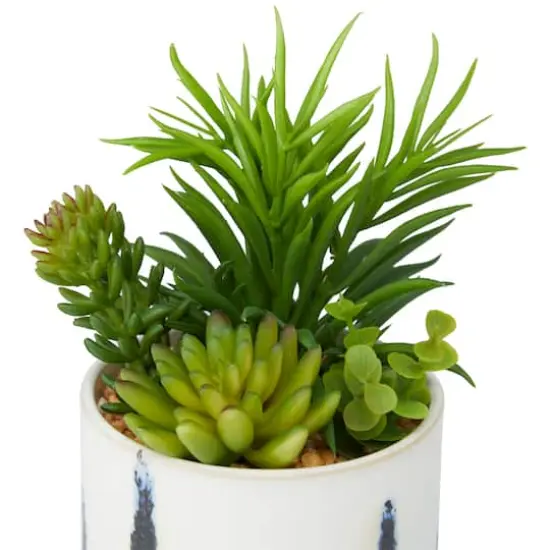 Green Faux Foliage Succulent in Patterned Porcelain Pot Set {5}