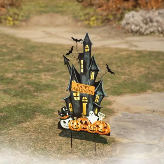 Glitzhome&reg; 32" Halloween Metal Haunted House Yard Stake {4}