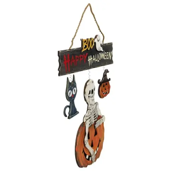 15" Skeleton with Jack-O-Lanterns & Black Cat Happy Halloween Hanging Sign {3}