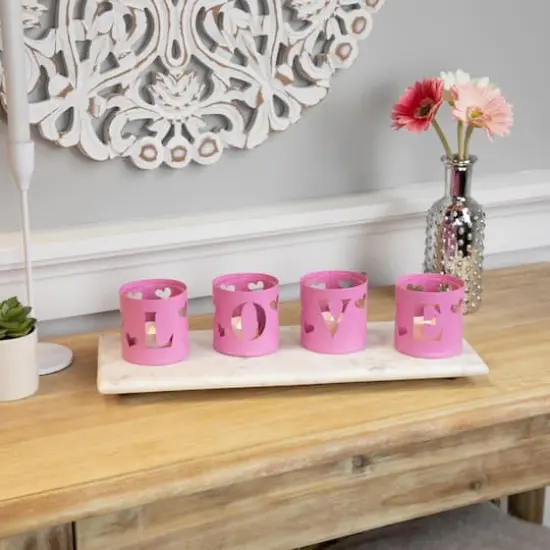 Pink Valentine's Day Love Metal Votive Candle Holders Set {3}
