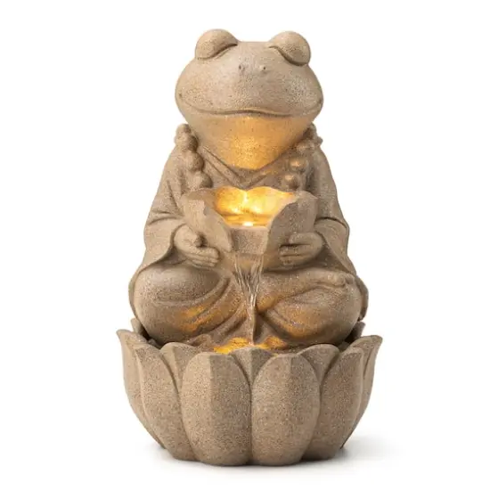 Glitzhome&reg; 21.75" Sand Beige Zen-Style LED 2-Tier Frog Outdoor Fountain {1}