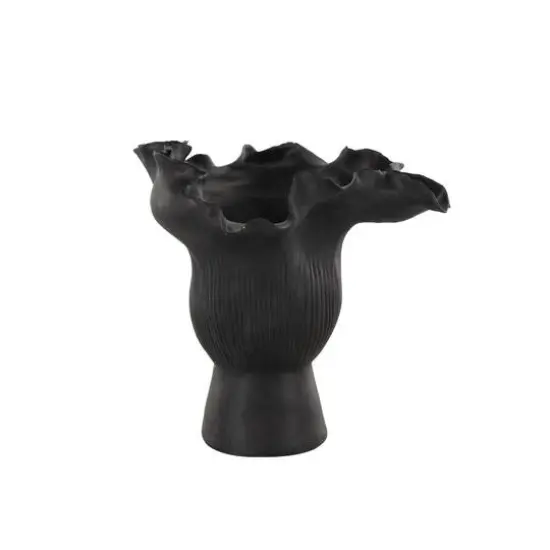 9" Black Ceramic Abstract Floral Inspired Vase with Linear Grooves {4}