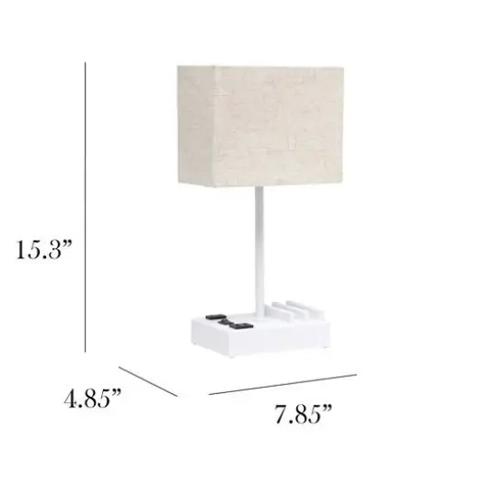 Simple Designs 15.3" Table Lamp with 2 USB Ports & Charging Outlet White Base/Beige Shade {4}