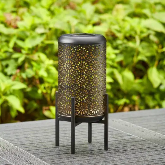 Glitzhome&reg; 14.25" Black Metal Cutout Flower Pattern Solar Powered LED Outdoor Lantern {3}