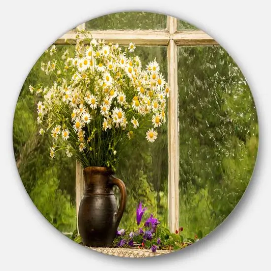 Designart - Still Life Bouquet of Chamomiles' Landscape Metal Circle Wall Art {1}