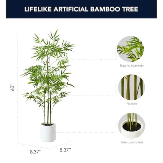 American Art Decor 5ft. Realistic Artificial Bamboo Tree Faux Plant in White Pot {5}