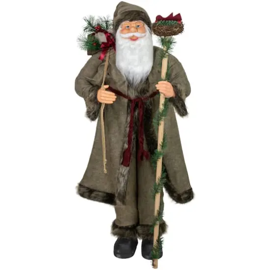 4ft. Olive Green & Burgundy Red Standing Santa Claus with Gift Bag Christmas Figure {5}