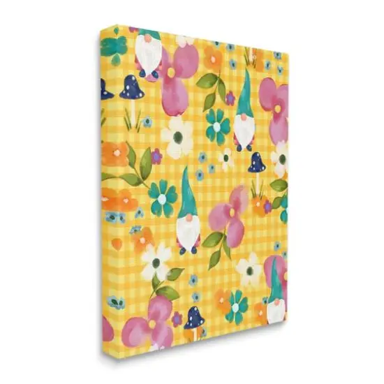 Stupell Industries Yellow Tartan Patterned Spring Gnomes Mushrooms Canvas Wall Art {4}