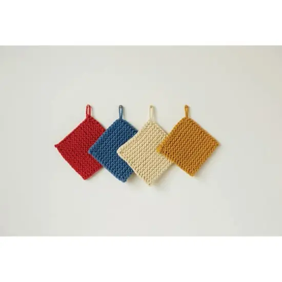 Hello Honey&reg; 8" Red, Blue, Yellow & White Square Cotton Crocheted Pot Holder Set {1}